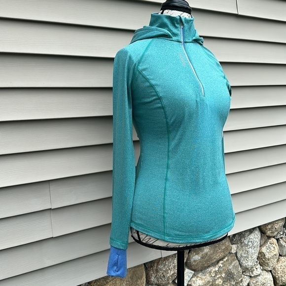 Reebok Green Heather Hooded 1/4 Zip Slim Long-sleeve Performance Top - Picture 2 of 16